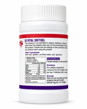 Norland GI Vital Softgel back label showing nutrition facts, ingredients, dosage directions, storage instructions and NAFDAC number