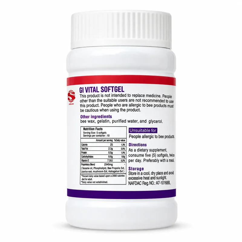 Norland Gi Vital Softgel – Digestive Health Support – 500Mg – 50 Softgels - Recs-Medix Norland gi vital softgel back label showing nutrition facts, ingredients, dosage directions, storage instructions and nafdac number