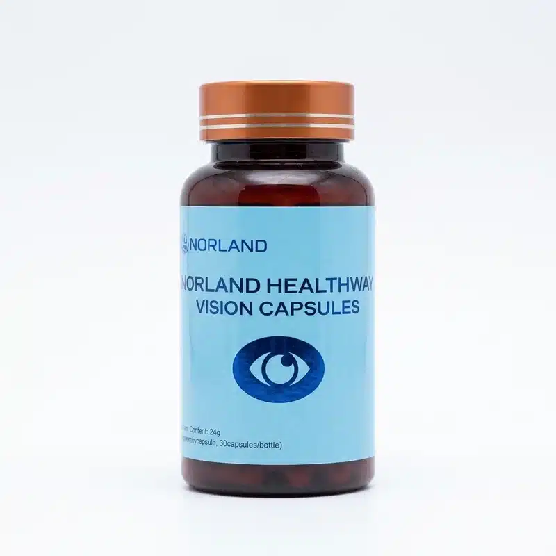 Norland Healthway Vision Capsules – Eye Strain Support – 800Mg – 30 &Amp; 60 Caps - Recs-Medix Norland healthway vision capsules 800mg front bottle with blue eye-design label, containing 30 capsules for eye strain support.