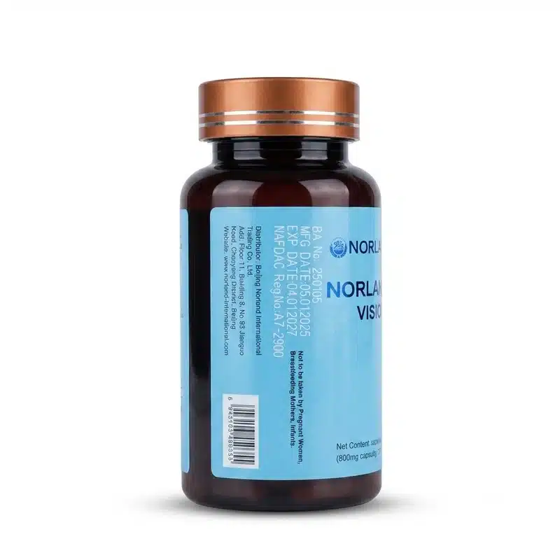 Norland Healthway Vision Capsules – Eye Strain Support – 800Mg – 30 &Amp; 60 Caps - Recs-Medix Side view of norland healthway vision capsules bottle showing nafdac a7-2900, barcode, distributor details and safety warning.