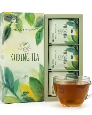 Brewed cup of Norland Kuding Tea beside the open carton, showing the dark amber colour of the bitter holly leaf infusion