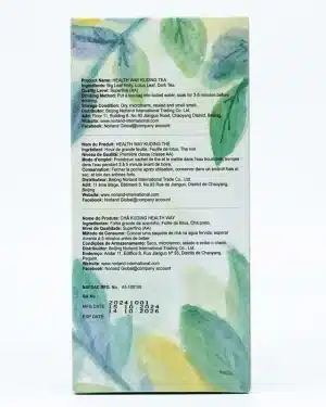 Back panel of Norland Kuding Tea showing ingredients, brewing method and NAFDAC number A5-100158 in three languages.