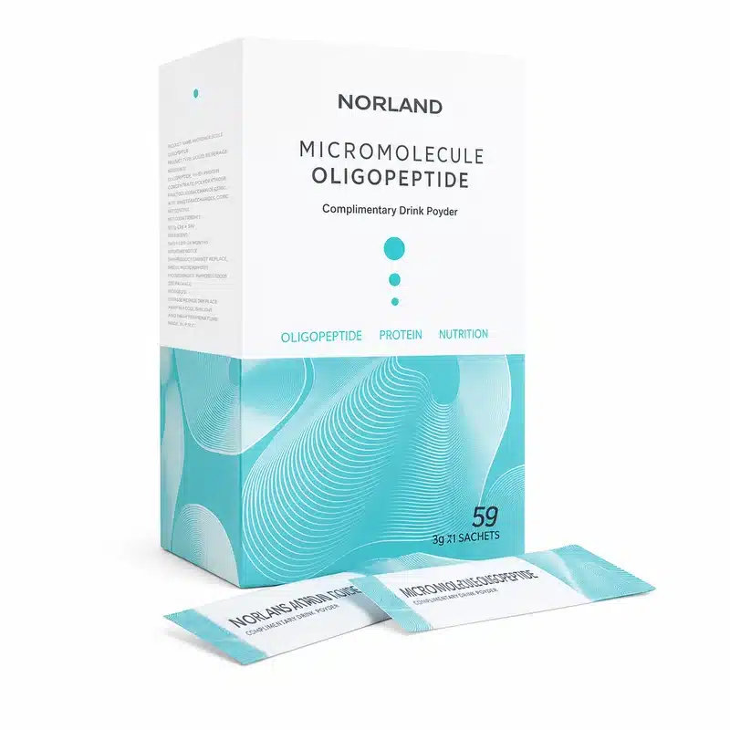 Norland Micromolecule Oligopeptide – Protein Peptide Drink – 10 &Amp; 15 Sachets - Recs-Medix Norland micromolecule oligopeptide drink powder box displayed with two individual sachets