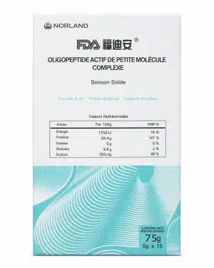 French panel of Norland Micromolecule Oligopeptide 75g box showing nutrition values and 15 sachets of 5g