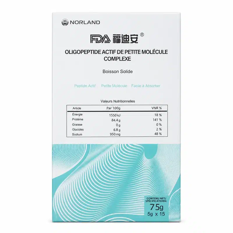 Norland Micromolecule Oligopeptide – Protein Peptide Drink – 10 &Amp; 15 Sachets - Recs-Medix French panel of norland micromolecule oligopeptide 75g box showing nutrition values and 15 sachets of 5g