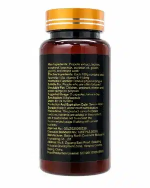 Back panel of Norland Propolis-Lecithin Capsules showing ingredients, dosage, precautions and manufacturer details