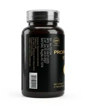 Side view of Norland Propolis-Lecithin Capsules showing NAFDAC A7-5114, batch number, dates and barcode.