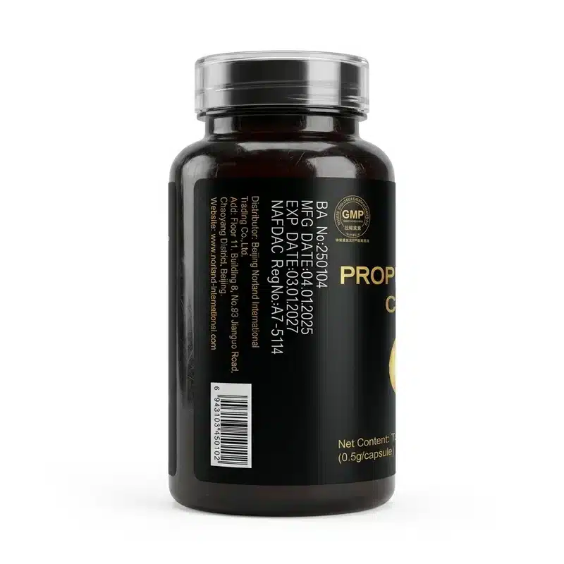 Norland Propolis-Lecithin Capsules – Anti-Fatigue Support – 500Mg – 30 &Amp; 60 Caps - Recs-Medix Side view of norland propolis-lecithin capsules showing nafdac a7-5114, batch number, dates and barcode.
