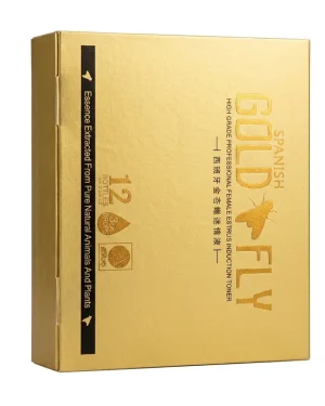 Angled view of Spanish Gold Fly gold retail box with 12 single-use 5ml liquid sachets marketed for adult women