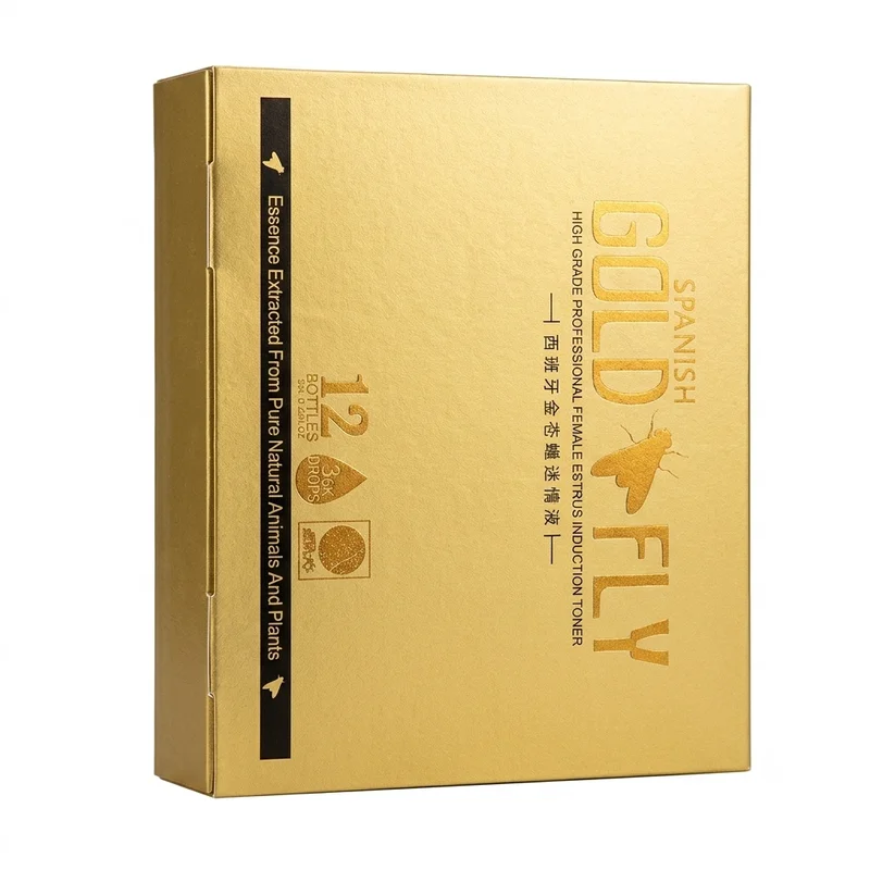 Spanish Gold Fly – Female Arousal &Amp; Libido Drops – 5Ml – 12 Sachets - Recs-Medix Angled view of spanish gold fly gold retail box with 12 single-use 5ml liquid sachets marketed for adult women