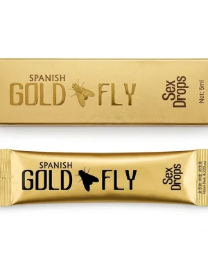 Spanish Gold Fly individual 5ml liquid sachet shown with its matching gold carton on a clean white background