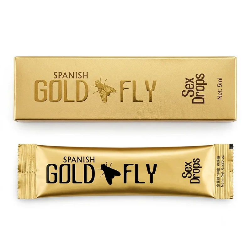 Spanish Gold Fly – Female Arousal &Amp; Libido Drops – 5Ml – 12 Sachets - Recs-Medix Spanish gold fly individual 5ml liquid sachet shown with its matching gold carton on a clean white background