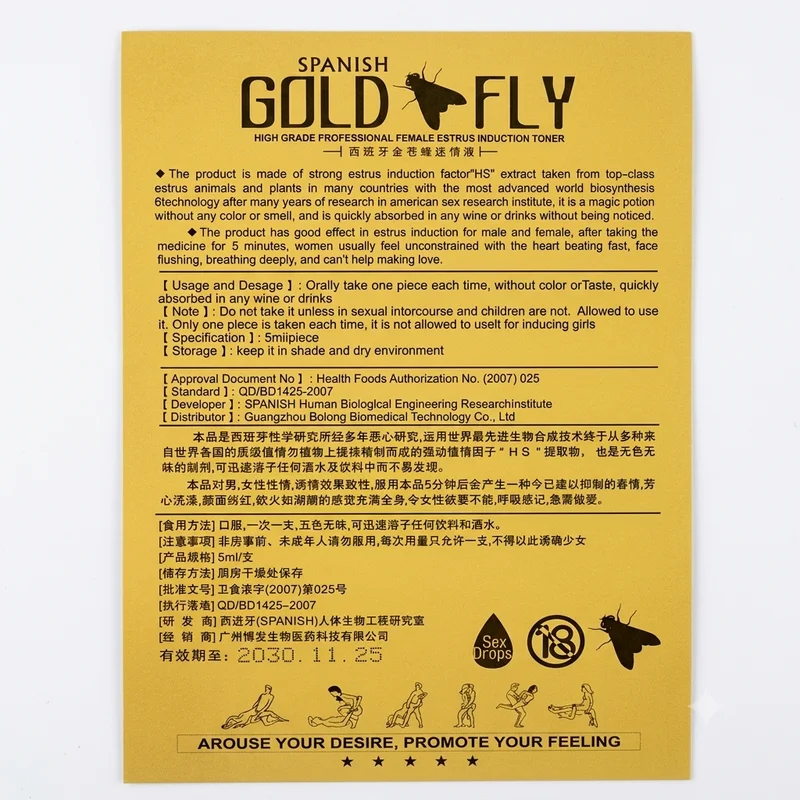 Spanish Gold Fly – Female Arousal &Amp; Libido Drops – 5Ml – 12 Sachets - Recs-Medix Spanish gold fly back label showing usage directions, dosage, storage information, warnings and product authorisation details