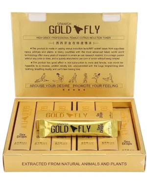 Open Spanish Gold Fly box displaying 12 individually packed 5ml gold liquid sachets and the original inner packaging