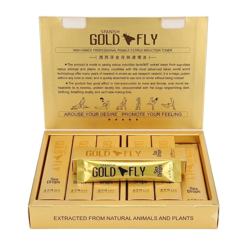 Spanish Gold Fly – Female Arousal &Amp; Libido Drops – 5Ml – 12 Sachets - Recs-Medix Open spanish gold fly box displaying 12 individually packed 5ml gold liquid sachets and the original inner packaging