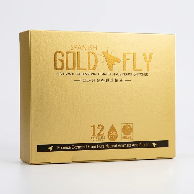 Spanish Gold Fly – Female Arousal &Amp; Libido Drops – 5Ml – 12 Sachets - Recs-Medix Spanish gold fly for women closed gold box containing 12 individually packed 5ml adult intimacy-support liquid sachets