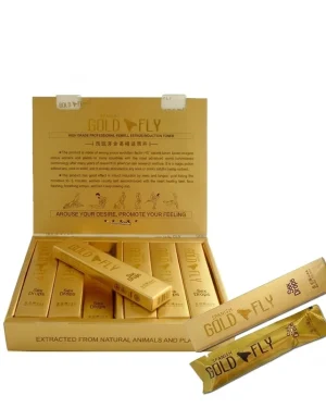 Spanish Gold Fly Sex Drops, open gold box of twelve 5ml liquid sachets, women's arousal and desire support drink-in supplement.