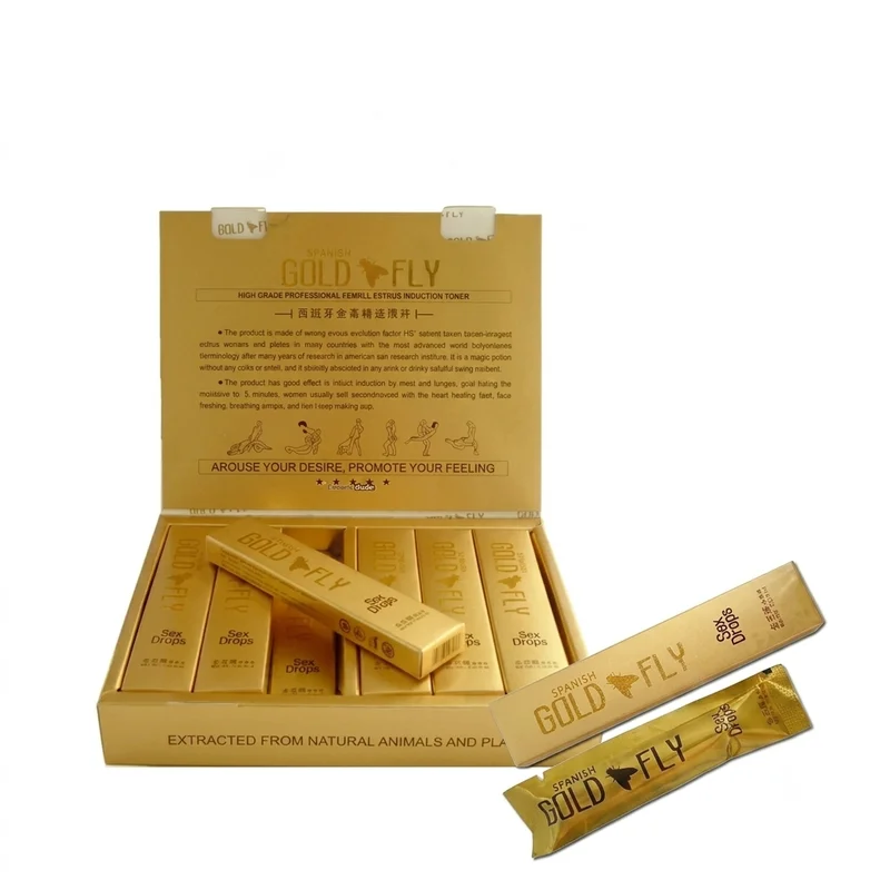 Spanish Gold Fly – Female Arousal &Amp; Libido Drops – 5Ml – 12 Sachets - Recs-Medix Spanish gold fly sex drops, open gold box of twelve 5ml liquid sachets, women's arousal and desire support drink-in supplement.