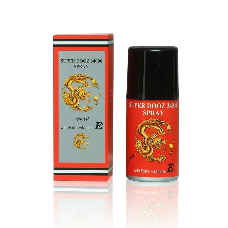 Super Dooz 34000 Dragon Delay Spray For Men – With Vitamin E – 45Ml - Recs-Medix Super dooz 34000 dragon delay spray 45ml red bottle and box with gold dragon logo, a long-time delay spray for men enriched with vitamin e.