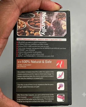Back panel of Wenick Man Capsules 60-capsule pack showing product claims and male performance information