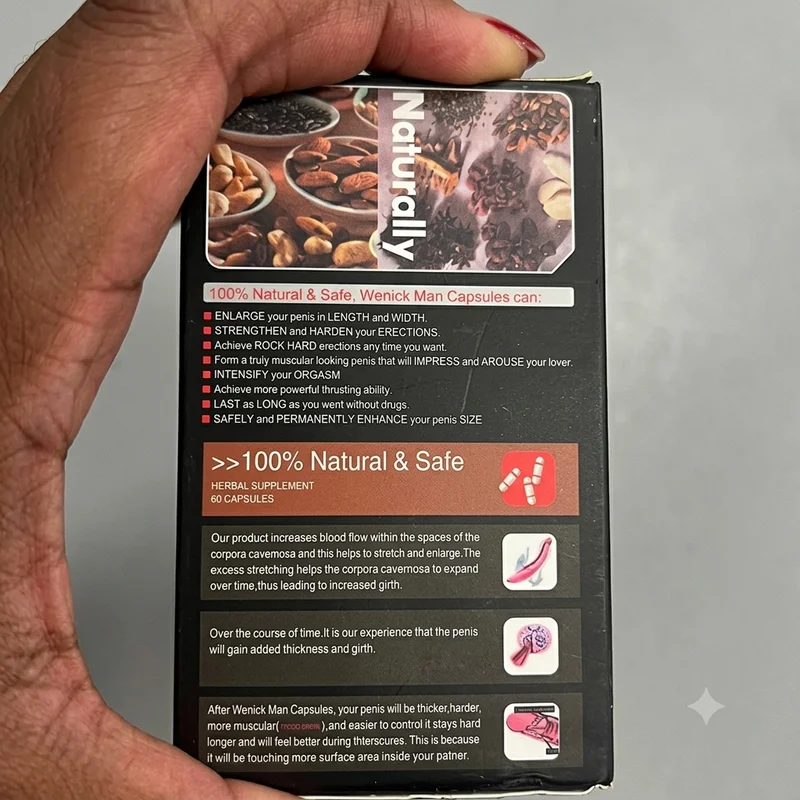 Wenick Man Capsules – Male Vitality And Stamina Support – 60 Capsules - Recs-Medix Back panel of wenick man capsules 60-capsule pack showing product claims and male performance information