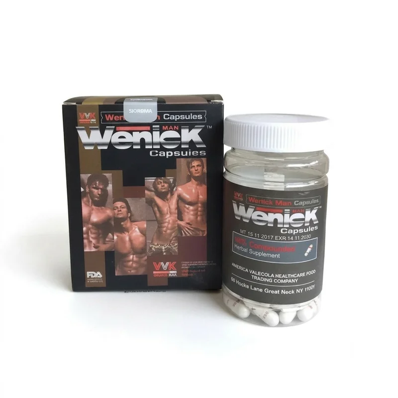 Wenick Man Capsules – Male Vitality And Stamina Support – 60 Capsules - Recs-Medix Wenick man capsules retail box and bottle displayed together on a white background for male vitality support