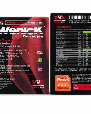 Front and ingredient panels of Wenick Man Capsules 60-capsule men’s supplement packaging with listed formula amounts