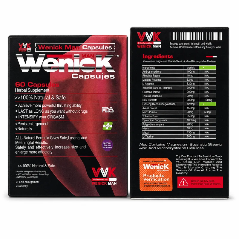 Wenick Man Capsules – Male Vitality And Stamina Support – 60 Capsules - Recs-Medix Front and ingredient panels of wenick man capsules 60-capsule men’s supplement packaging with listed formula amounts