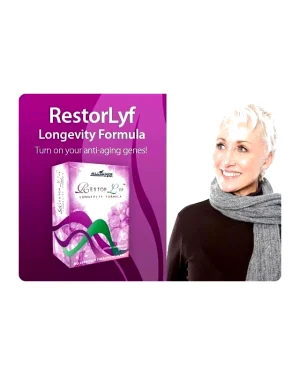 Alliance RestorLyf Longevity Formula dietary supplement packaging with lifestyle model