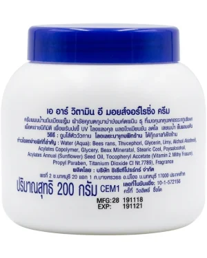 Back label of AR Vitamin E Moisturising Cream 200g showing Thai product information, ingredients, manufacturer and net weight