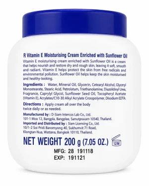 English description side of AR Vitamin E Moisturising Cream 200g with sunflower oil, ingredients, directions and pack information