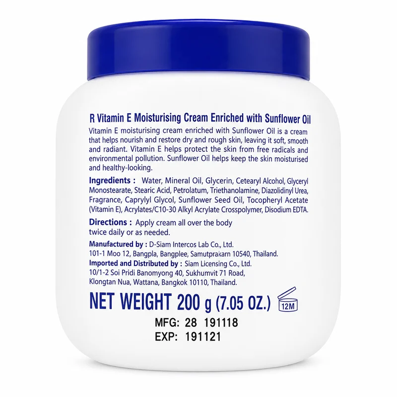 Ar Vitamin E Moisturising Cream With Sunflower Oil – 200 G - Recs-Medix English description side of ar vitamin e moisturising cream 200g with sunflower oil, ingredients, directions and pack information