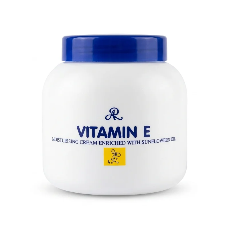 Ar Vitamin E Moisturising Cream With Sunflower Oil – 200 G - Recs-Medix Front view of ar vitamin e moisturising cream with sunflower oil in a white 200g jar for moisturising dry and rough skin