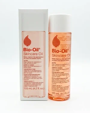 Bio-Oil Skincare Oil 125ml bottle with original carton on a white background for scar, stretch mark and uneven skin tone care.