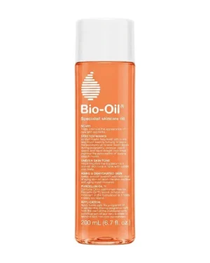 Bio-Oil Skincare Oil 200ml bottle on a white background, specialist body oil for scars, stretch marks and dehydrated skin.