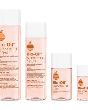 Bio-Oil Skincare Oil in 25ml, 60ml, 125ml and 200ml bottles on a white background for scar, stretch mark and uneven skin tone care.