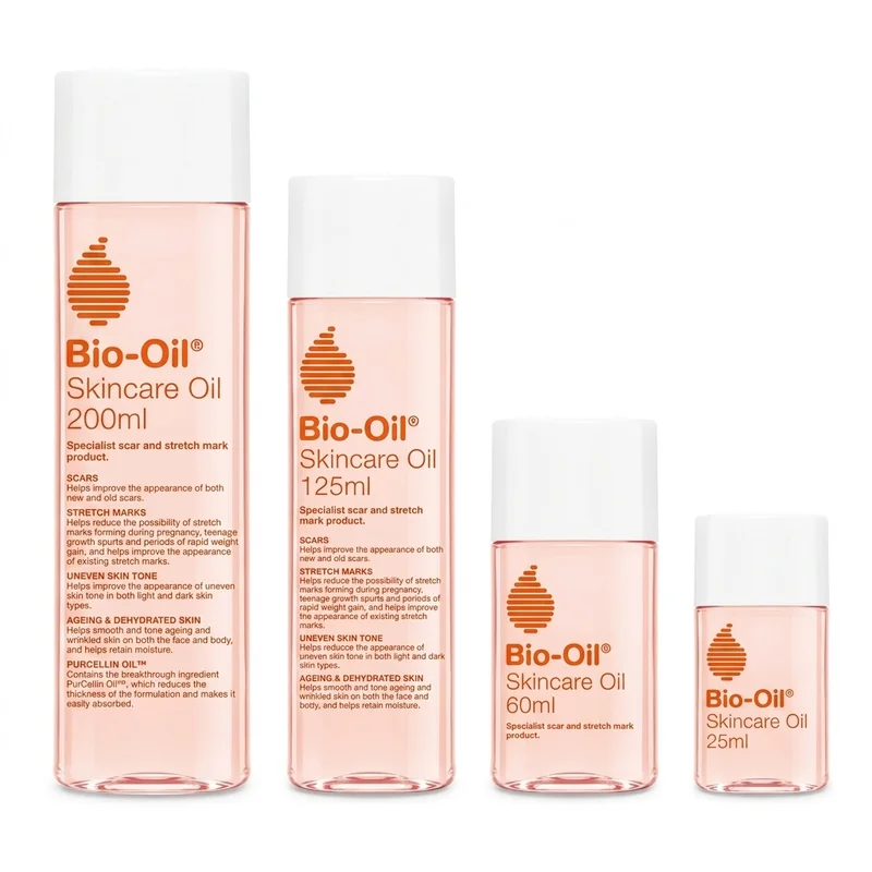 Bio-Oil Skincare Oil (Original) – Scar, Stretch Mark &Amp; Skin Tone Care - Recs-Medix Bio-oil skincare oil in 25ml, 60ml, 125ml and 200ml bottles on a white background for scar, stretch mark and uneven skin tone care.