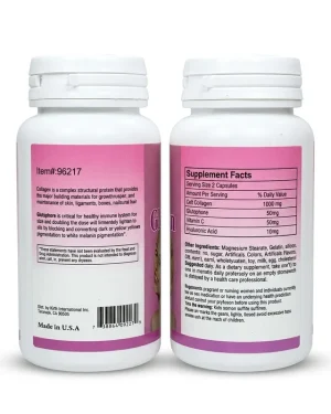 Collagen + Glutathione capsules back label and supplement facts label on two white 100-capsule bottles.