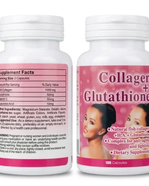 Collagen + Glutathione capsules front bottle and supplement facts bottle, 100 capsules skin radiance support supplement.