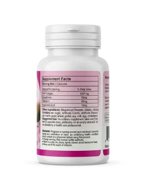 Collagen + Glutathione capsules supplement facts label showing fish collagen, glutathione, vitamin C and hyaluronic acid per serving.