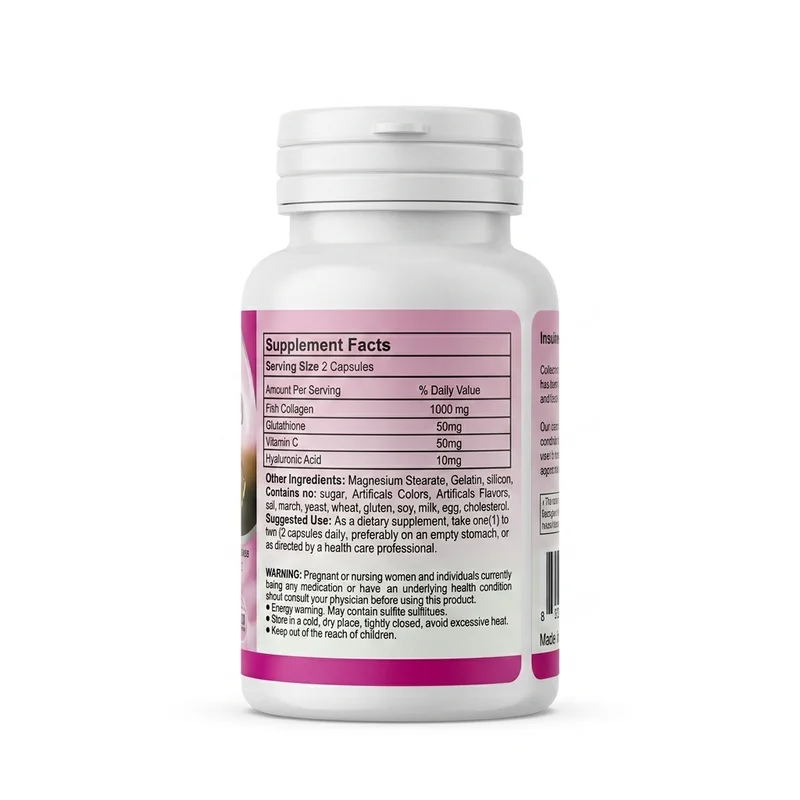 Collagen + Glutathione – Skin Radiance Support – 1000Mg – 100 Capsules - Recs-Medix Collagen + glutathione capsules supplement facts label showing fish collagen, glutathione, vitamin c and hyaluronic acid per serving.