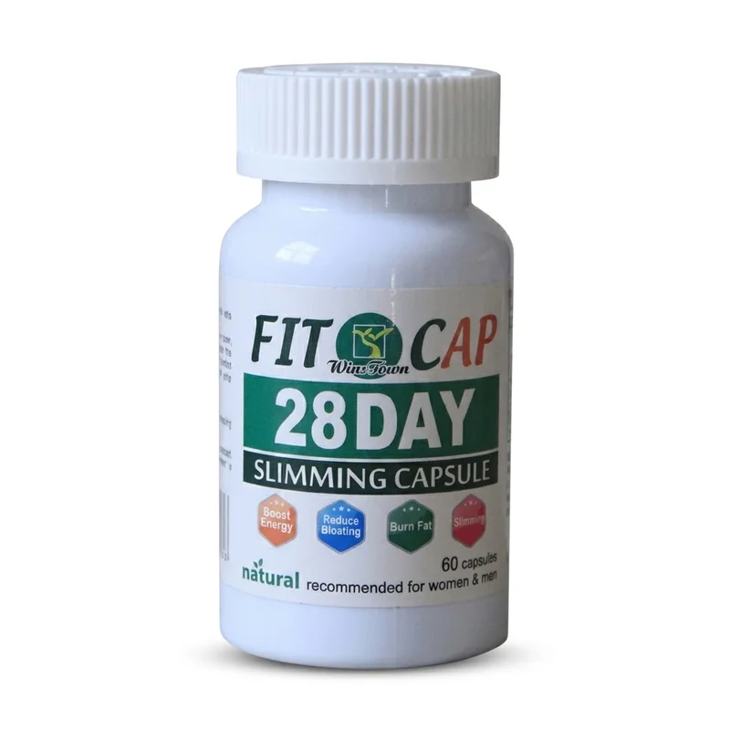 Fit Cap 28-Day Slimming Capsule — Weight Management Support — 60 Capsules - Recs-Medix Fit cap 28-day slimming capsule, white bottle of 60 herbal capsules with l-carnitine for weight-management support, for women and men.