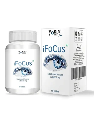 Vokin Biotech iFocus Lutein 50mg, white bottle and carton containing 60 eye-support tablets for daily vision and eye health support.