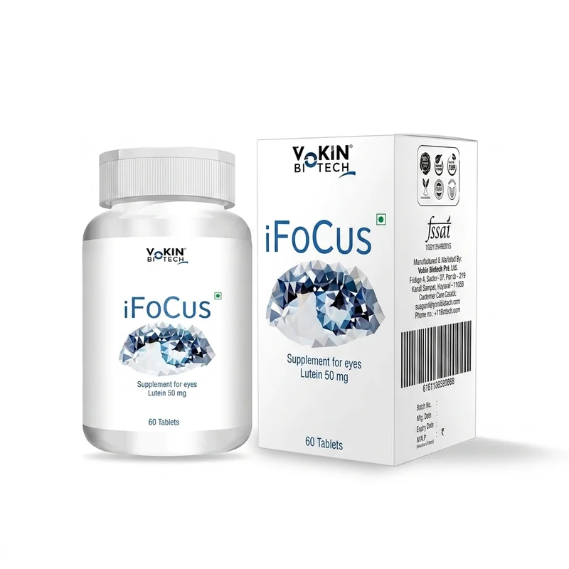 Vokin Biotech Ifocus – Eye &Amp; Vision Support – Lutein 50Mg – 60 Tablets - Recs-Medix Vokin biotech ifocus lutein 50mg, white bottle and carton containing 60 eye-support tablets for daily vision and eye health support.
