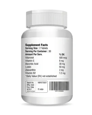 Back of Vokin Biotech iFocus bottle showing supplement facts for lutein 50mg, zeaxanthin and vitamins in a 60-tablet pack.