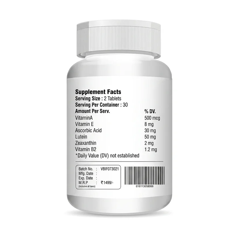 Vokin Biotech Ifocus – Eye &Amp; Vision Support – Lutein 50Mg – 60 Tablets - Recs-Medix Back of vokin biotech ifocus bottle showing supplement facts for lutein 50mg, zeaxanthin and vitamins in a 60-tablet pack.