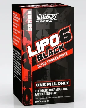 Nutrex Lipo 6 Black Ultra Concentrate 60 capsules box front, a thermogenic weight-management supplement with caffeine and citrus aurantium.