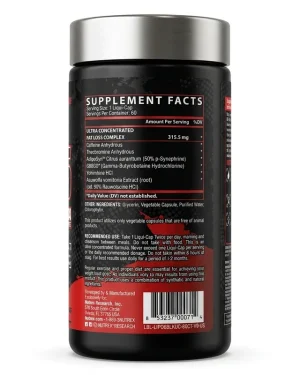 Nutrex Lipo 6 Black Ultra Concentrate rear label showing the 315.5 mg proprietary complex, ingredients, serving size and directions.