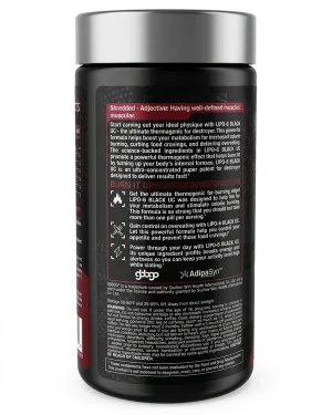 Nutrex Lipo 6 Black Ultra Concentrate side label showing thermogenic claims, appetite and energy support details, storage and safety warnings.