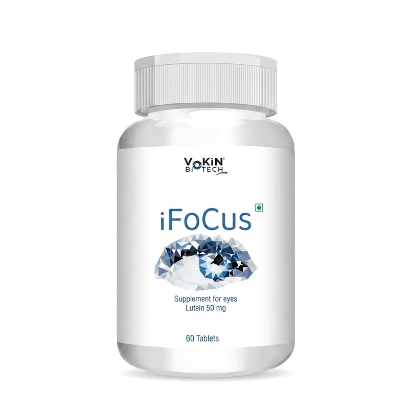 Vokin Biotech Ifocus – Eye &Amp; Vision Support – Lutein 50Mg – 60 Tablets - Recs-Medix Vokin biotech ifocus lutein 50mg eye supplement, front view of a white bottle containing 60 tablets for daily vision and eye health support.
